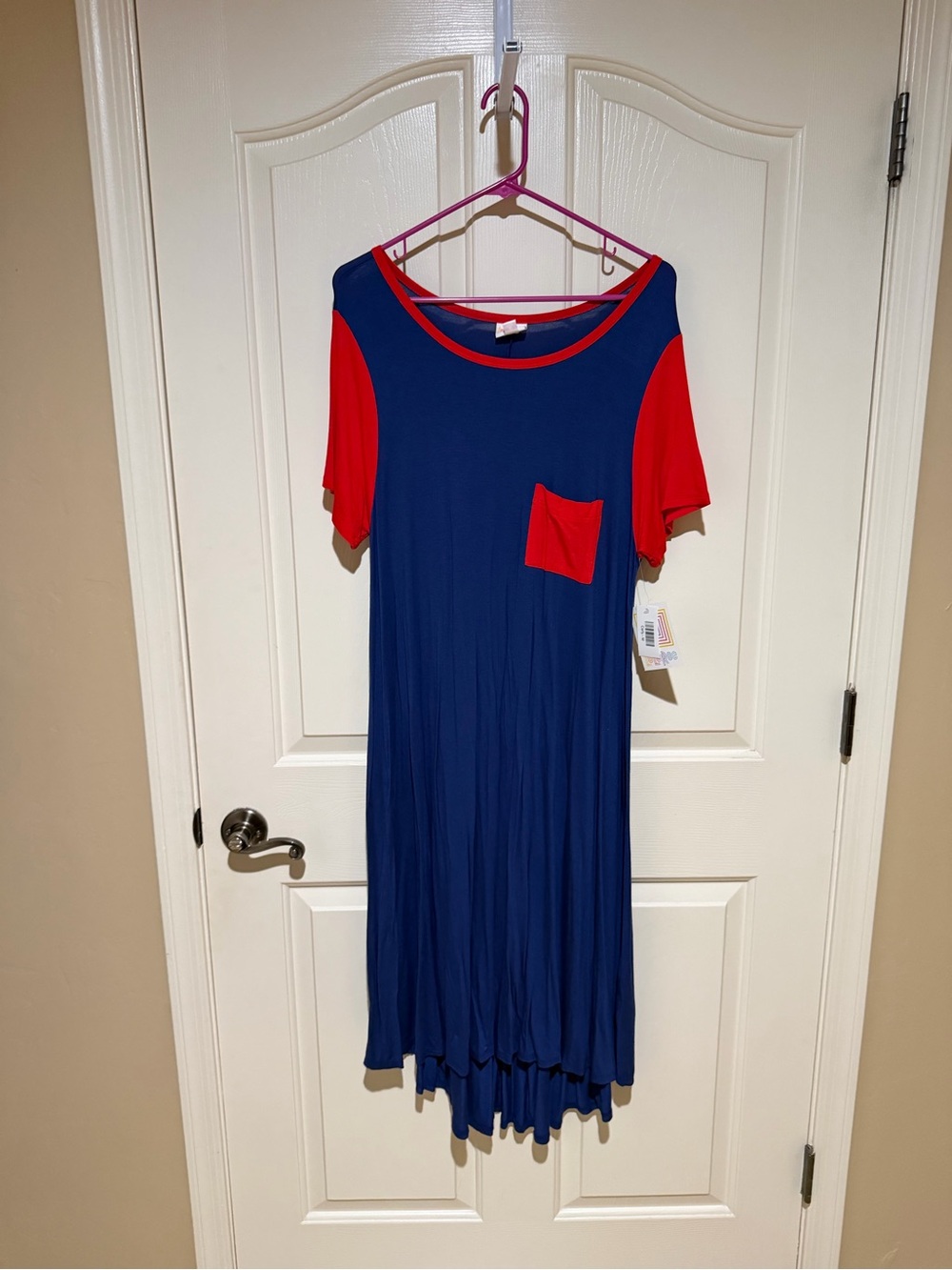 LuLaRoe Navy Carly Dress with Red Sleeves and Pocket